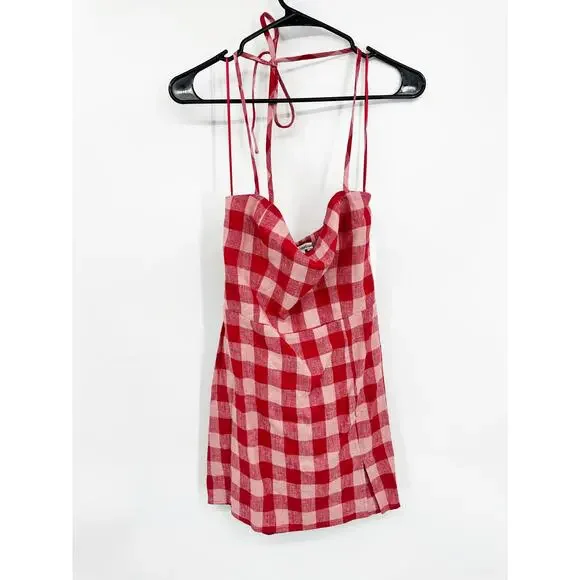 Reformation Huckleberry Linen Dress in Red Check Linen Size 4 NEW